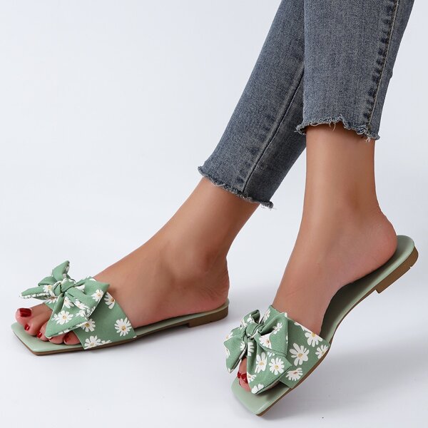 

Floral Print Bow Decor Slide Sandals, Green