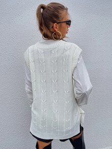 SHEIN Essnce V Neck Slit Hem Cable Knit Longline Sweater Vest - White - View 2