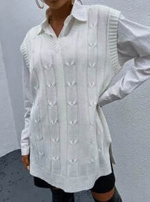 SHEIN Essnce V Neck Slit Hem Cable Knit Longline Sweater Vest - White - View 3