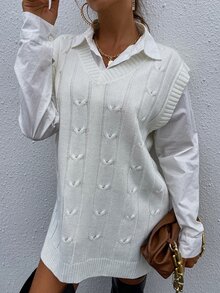 SHEIN Essnce V Neck Slit Hem Cable Knit Longline Sweater Vest - White - View 5