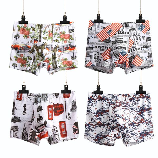 

Boys 4pcs Letter & Floral Print Boxer Brief, Multicolor