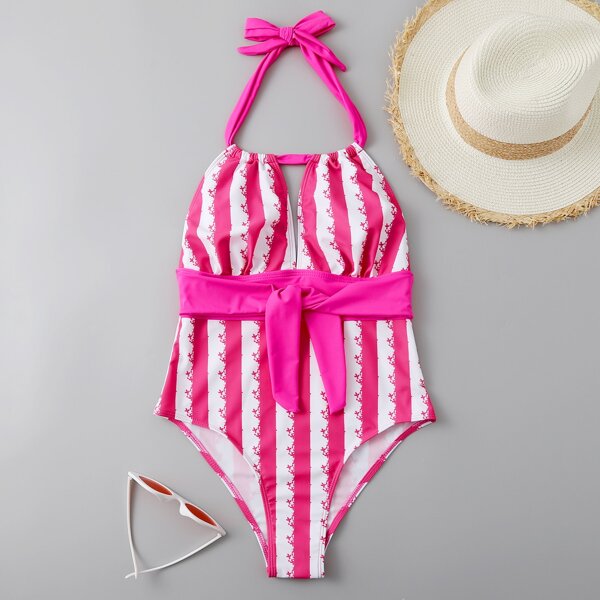 

Striped Knot Front Halter One Piece Swimsuit, Multicolor