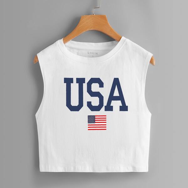 

Letter & American Flag Print Tank Top, White