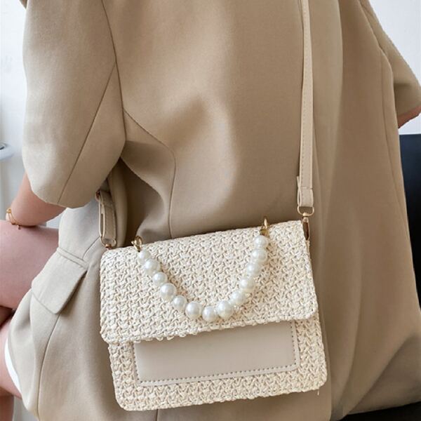 

Faux Pearl Beaded Straw Bag, Beige