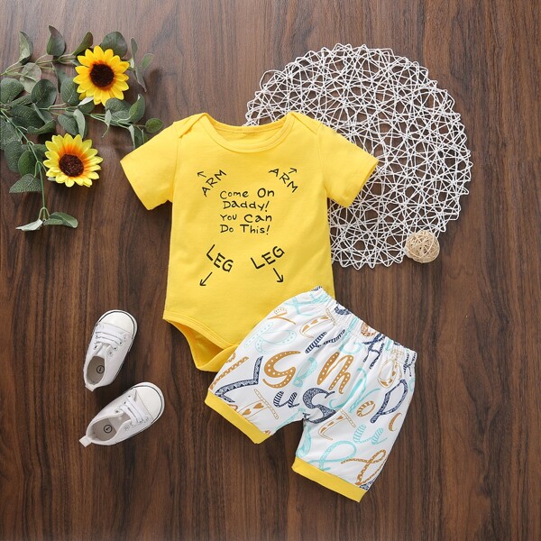 

Baby Boy Slogan Graphic Bodysuit With Shorts, Multicolor