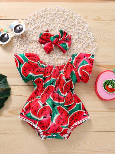 SHEIN Playful Pals Baby Girl Watermelon Print Bodysuit With Headband