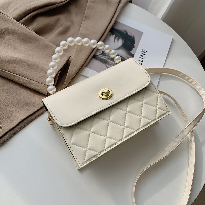 

Faux Pearl Handle Quilted Satchel Bag, Beige