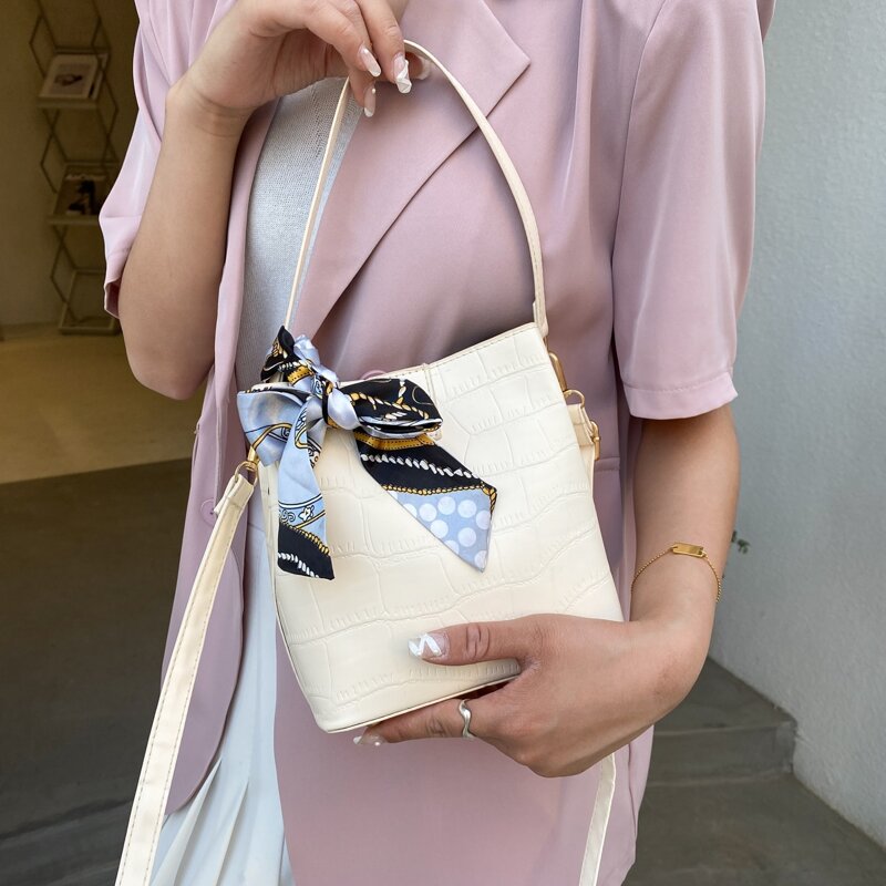 

Twilly Scarf Decor Bucket Bag, Beige
