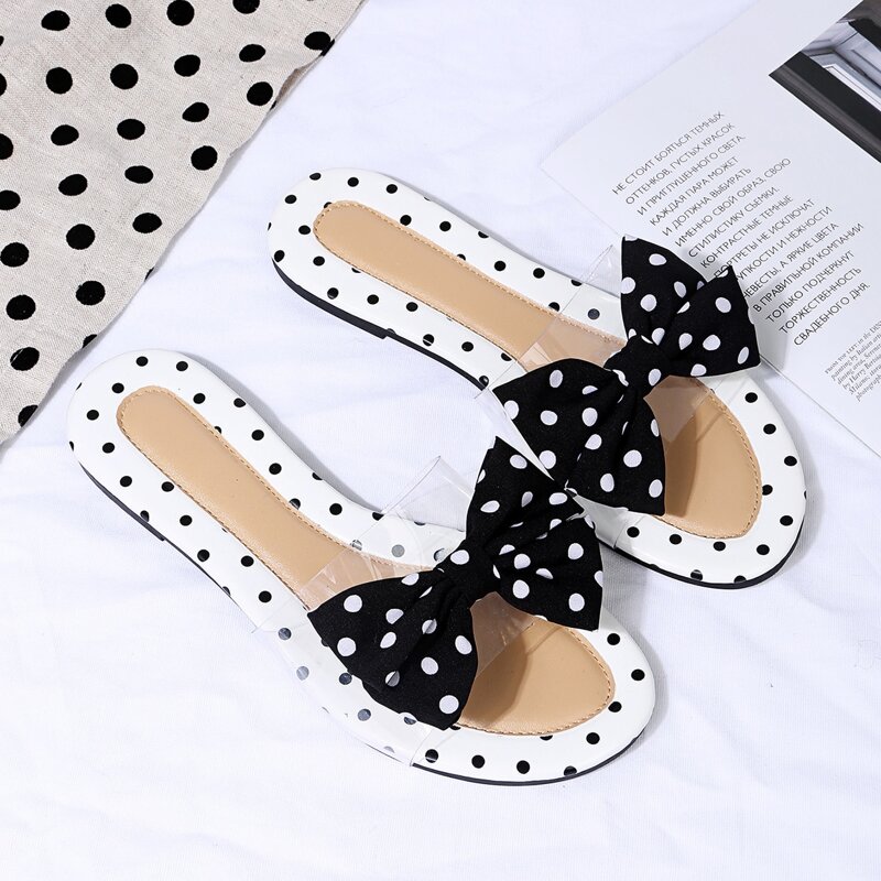 

Polka Dot Bow Decor Slide Sandals, Black and white