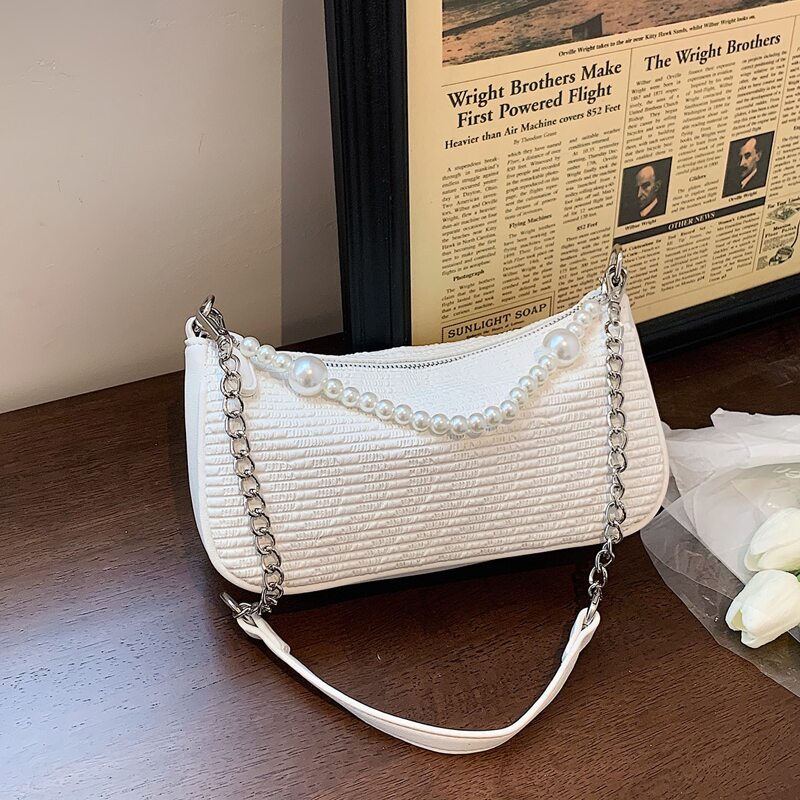 

Faux Pearl Handle Satchel Bag, White