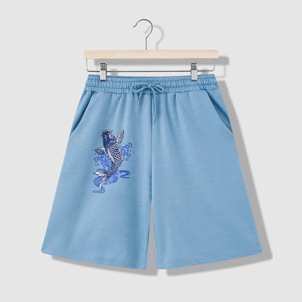

Men Fish Print Drawstring Track Shorts, Baby blue