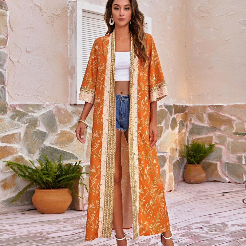 

Floral Print Belted Kimono, Orange