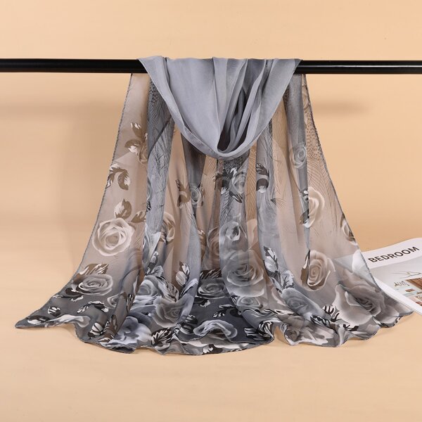 

Flower Print Scarf, Grey