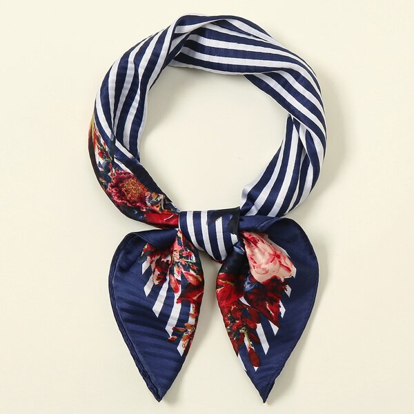 

Striped & Flower Print Pleated Bandana, Multicolor
