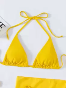 SHEIN Swim 素色比基尼套裝三角形文胸和丁字褲下裝和沙灘裙3入組泳衣 - 黃色 - 查看 4