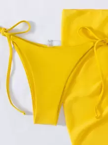 SHEIN Swim 素色比基尼套裝三角形文胸和丁字褲下裝和沙灘裙3入組泳衣 - 黃色 - 查看 5