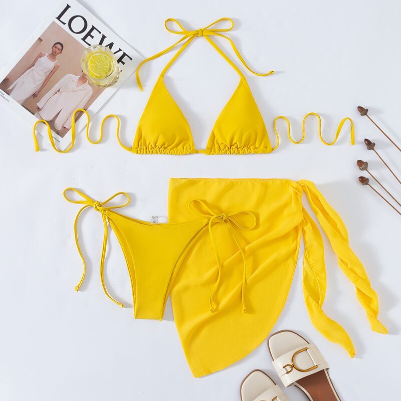 

3pack Triangle Thong Bikini Swimsuit & Beach Skirt, Yellow