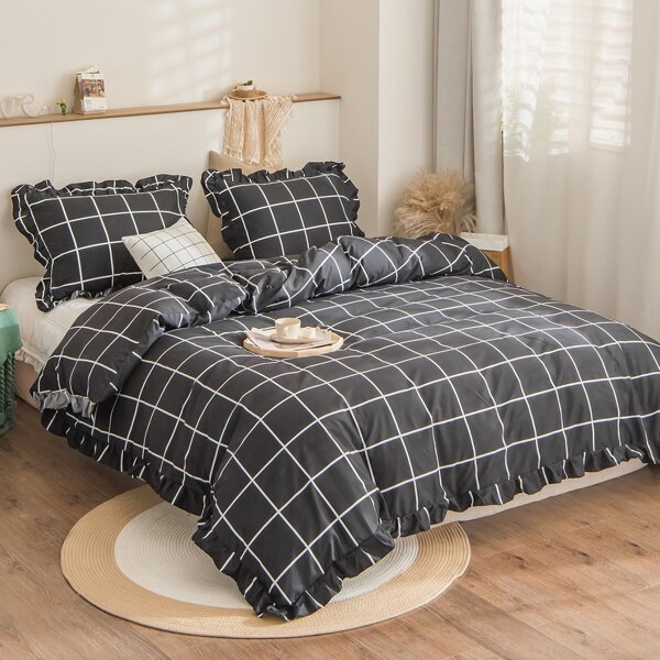 

Plaid Pattern Duvet Cover Set Without Filler, Black