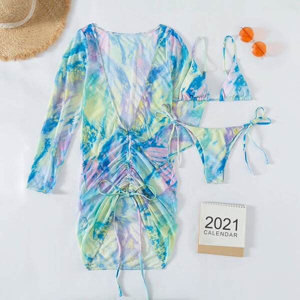 

3pack Tie Dye Bikini Swimsuit & Drawstring Cover Up, Multicolor