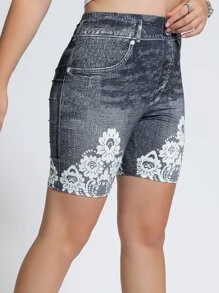 SHEIN LUNE Plus Floral Print Cycling Shorts - Dark Grey - View 1