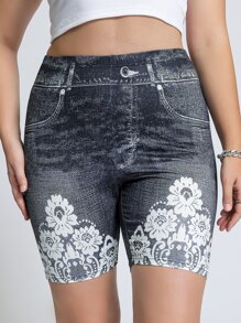 SHEIN LUNE Plus Floral Print Cycling Shorts - Dark Grey - View 3