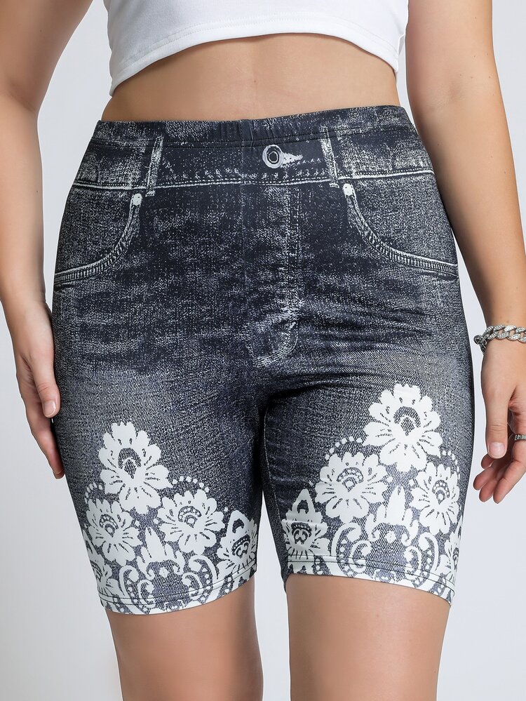 SHEIN LUNE Plus Floral Print Cycling Shorts - Dark Grey - View 3