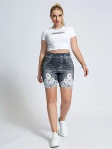SHEIN LUNE Plus Floral Print Cycling Shorts - Dark Grey - View 4