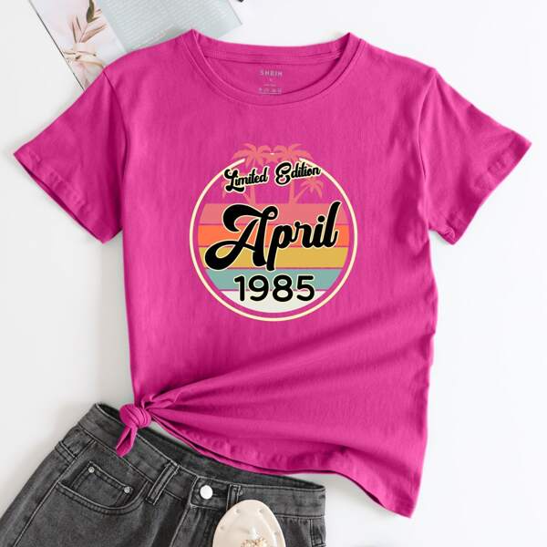 

Tropical And Letter Graphic Tee, Hot pink
