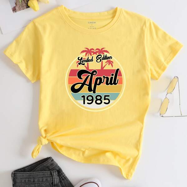 

Tropical And Letter Graphic Tee, Yellow