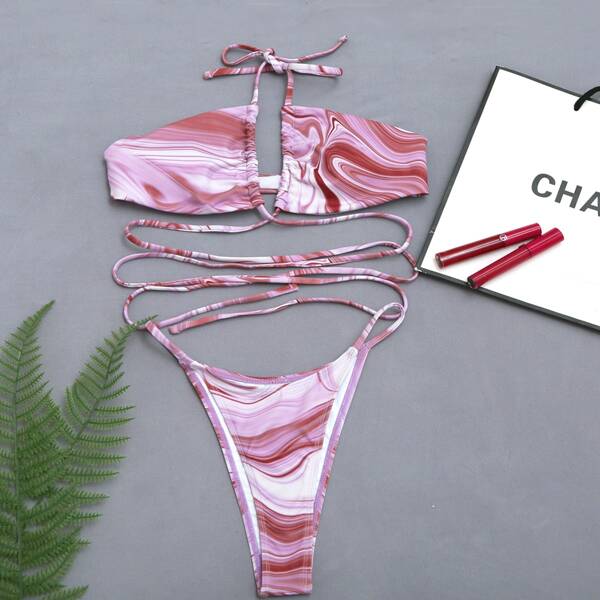 

Marble Print Halter Thong Bikini Swimsuit, Multicolor