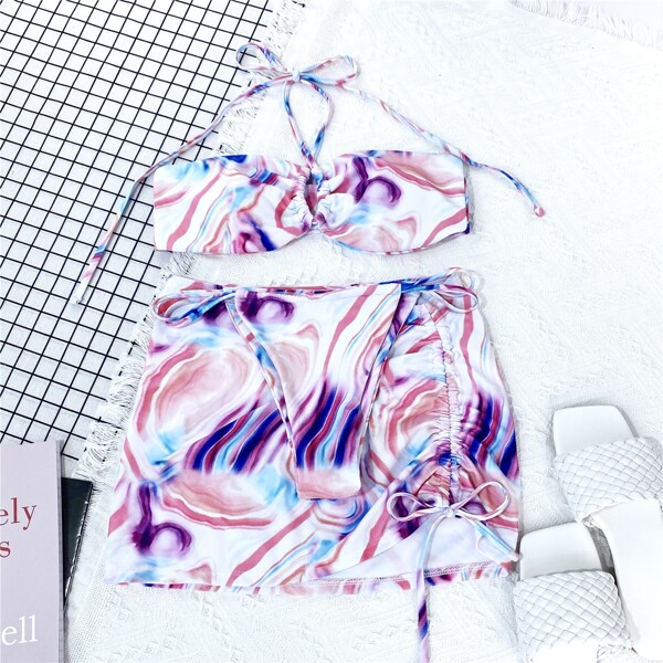 

3pack Abstract Fluid Pattern Halter Bikini Swimsuit & Beach Skirt, Multicolor