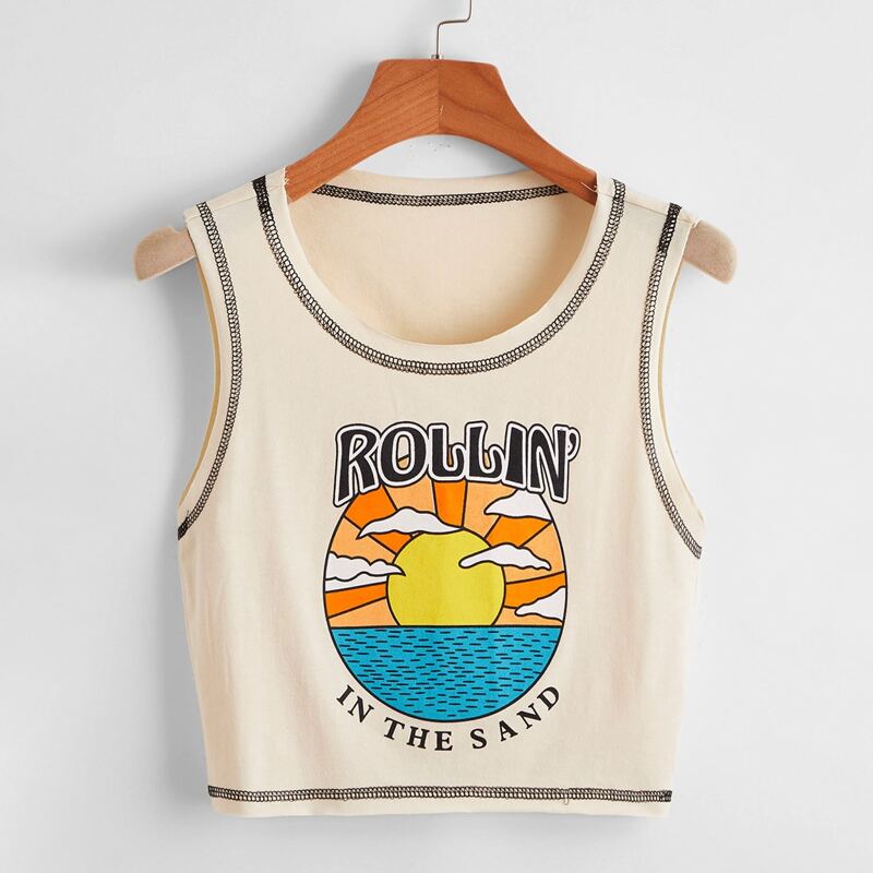 

Stitching Trim Letter Sun Graphic Tank Top, Apricot