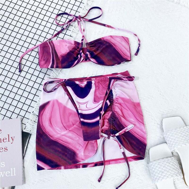 

3pack Abstract Fluid Pattern Halter Bikini Swimsuit & Beach Skirt, Multicolor