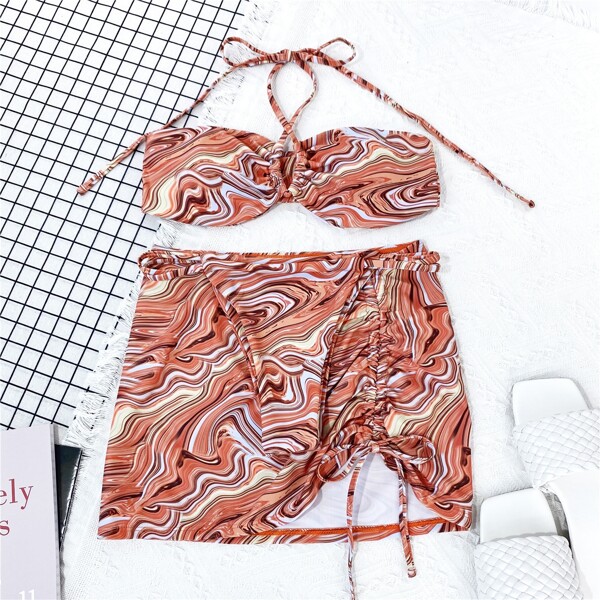 

3pack Abstract Fluid Pattern Halter Bikini Swimsuit & Beach Skirt, Multicolor