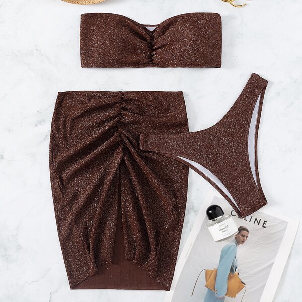 

3pack Glitter Ruched Bandeau Bikini Swimsuit & Beach Skirt, Brown