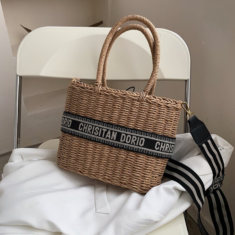 

Letter Graphic Straw Bucket Bag, Khaki
