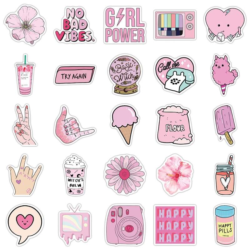 

50pcs Mixed Pattern Sticker, Pink
