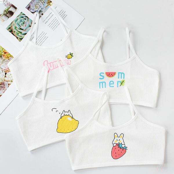 

Girls 4pack Cartoon & Fruit Print Bralette, White