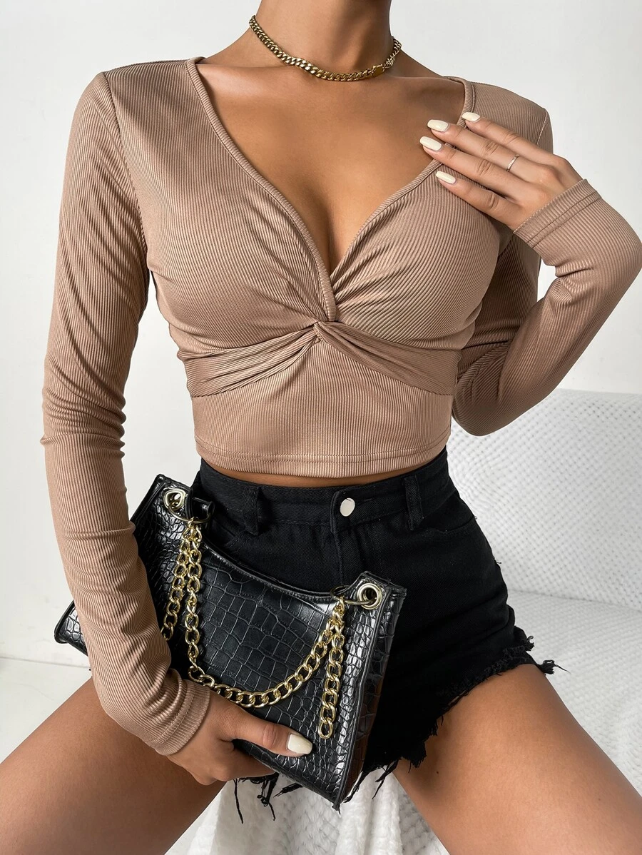 SHEIN Essnce 前扭結羅紋針織短款T恤 - 棕色 - 查看 1