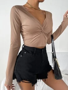 SHEIN Essnce 前扭結羅紋針織短款T恤 - 棕色 - 查看 3