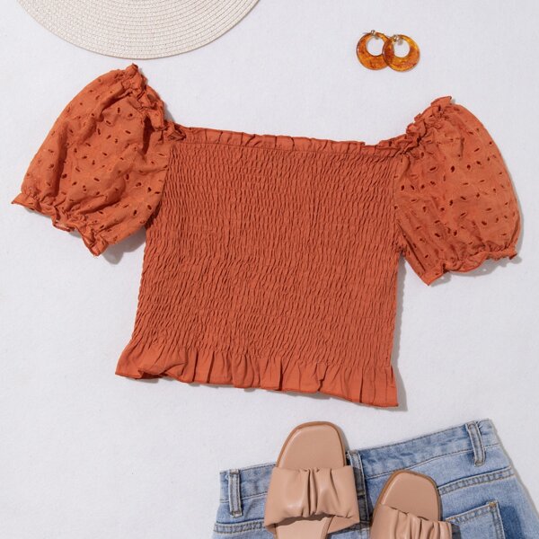 

Eyelet Embroidery Puff Sleeve Crop Shirred Top, Brown