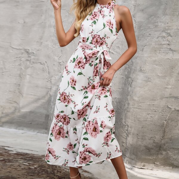 

Floral Print Belted Ruffle Hem Dress, Multicolor