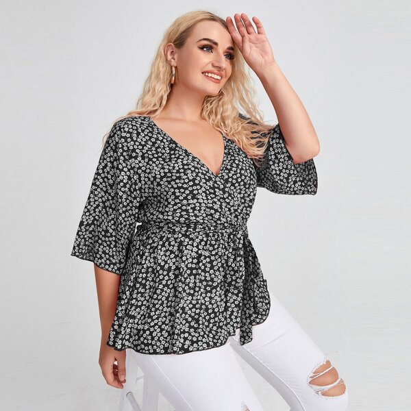 

Plus Ditsy Floral Surplice Neck Belted Blouse, Black
