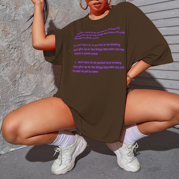 

Plus Slogan Graphic Oversized Tee, Coffee brown