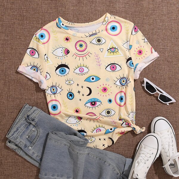 

Plus Eyes Print Short Sleeve Tee, Yellow