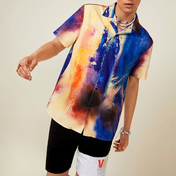 

Men Revere Collar Tie Dye Shirt, Multicolor