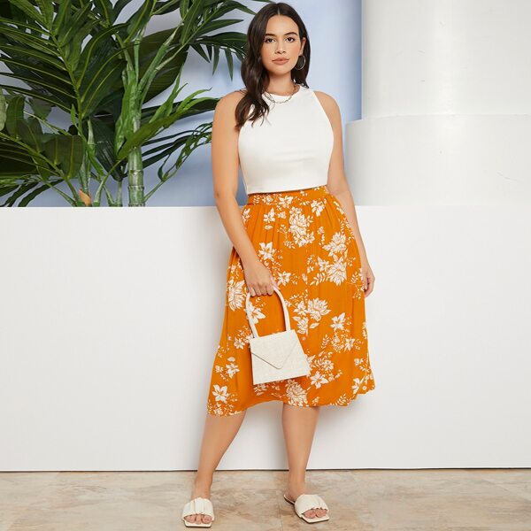 

Plus Floral Print Skirt, Mustard yellow