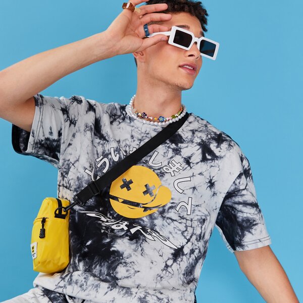 

Men Cartoon & Letter Graphic Tie Dye Tee And Shorts Set, Black and white