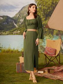 打結荷葉袖胸部褶皺短款上衣和開叉裙子套裝 - 軍綠色 - 查看 3