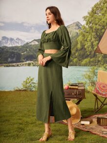 打結荷葉袖胸部褶皺短款上衣和開叉裙子套裝 - 軍綠色 - 查看 5